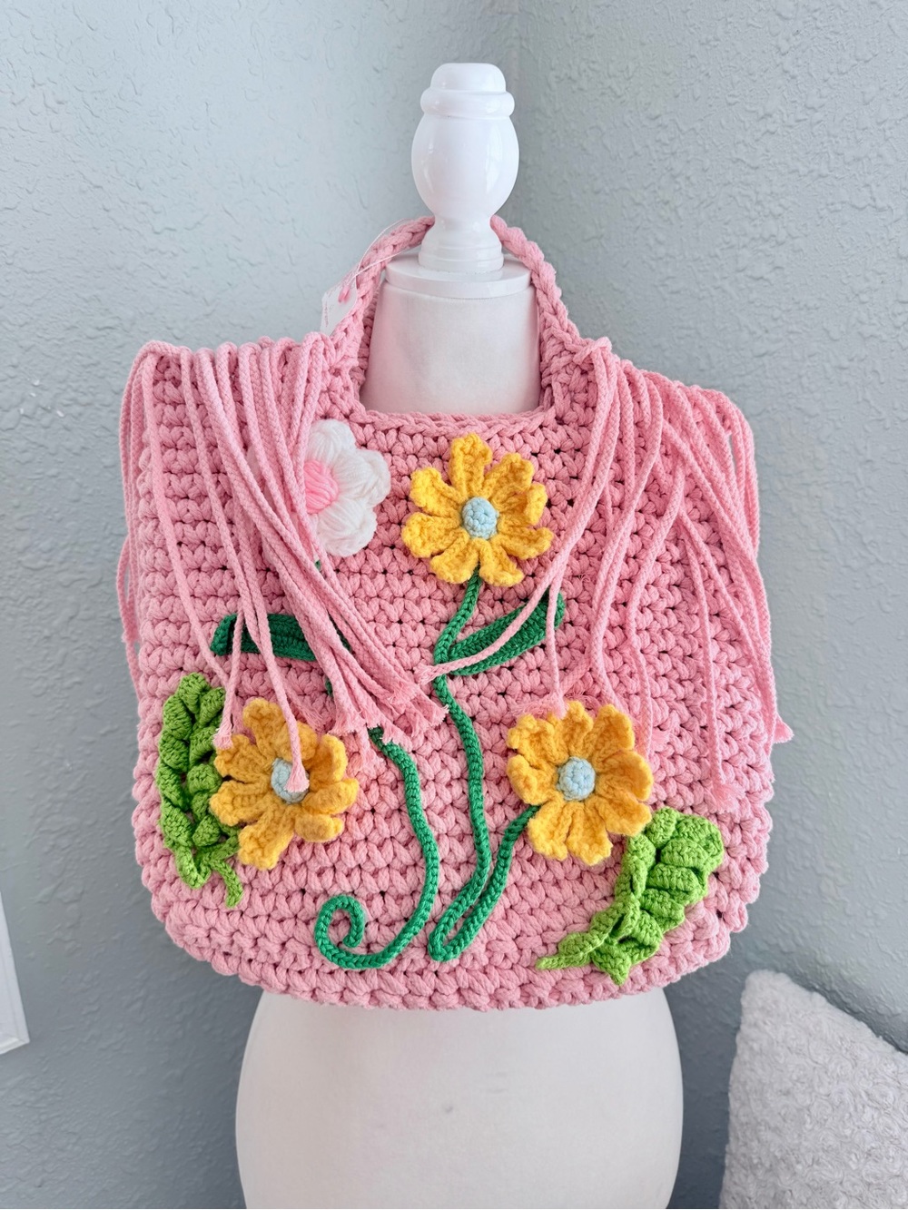 Pink POL Floral Crochet Tote Bag - Boho Handmade Style - Picture 2 of 6